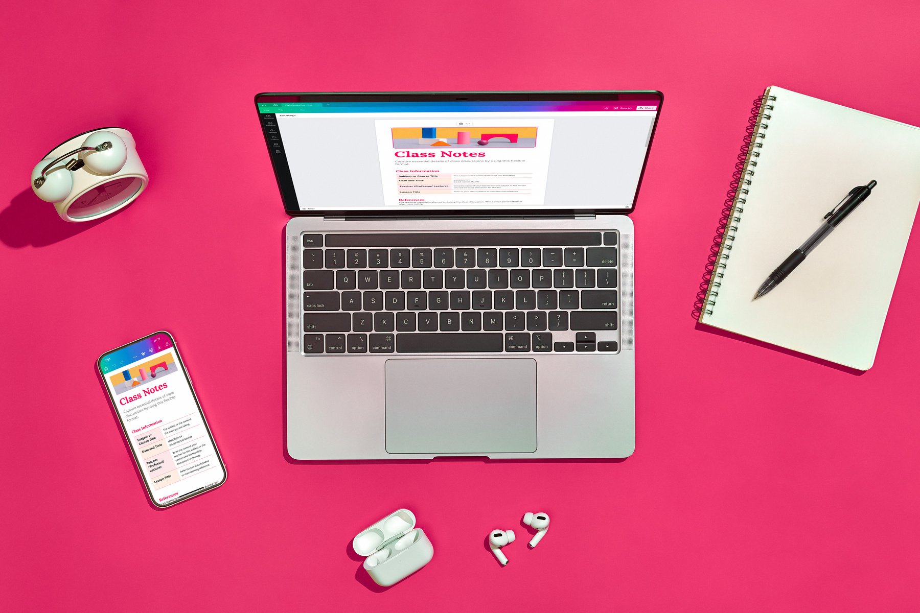 Top View of Laptop, Smartphone, Ear Pods, Notebook and Clock